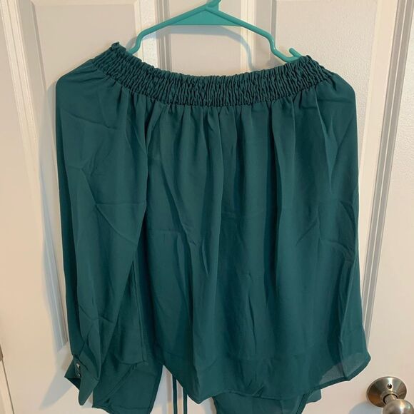 Krisa Size Small Teal Smocked Off-Shoulder Blouse - Picture 1 of 3